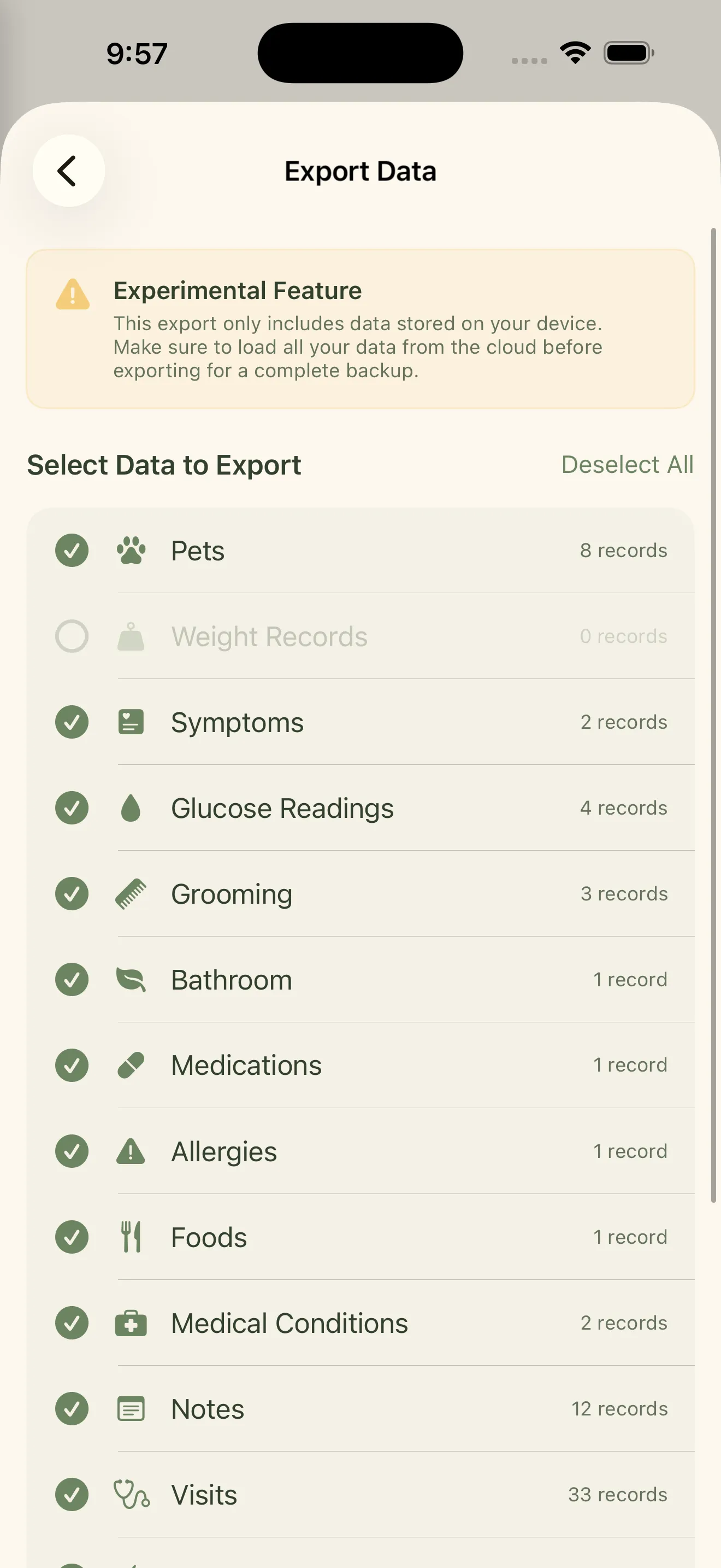 Everkin CSV export screen showing pet and data type selection for exporting health records