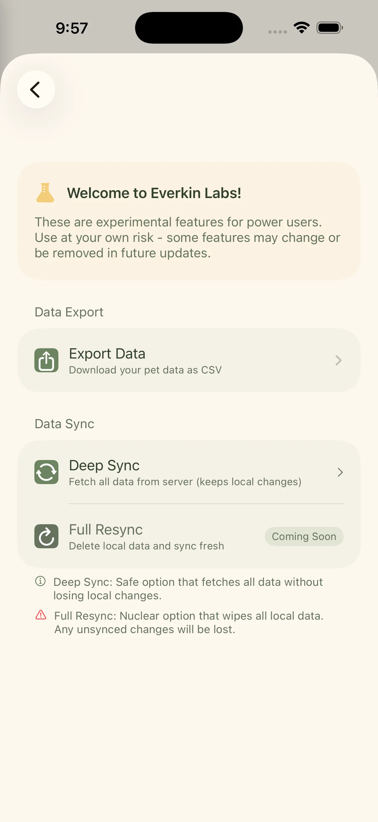 Everkin Labs screen showing the list of experimental features available to try