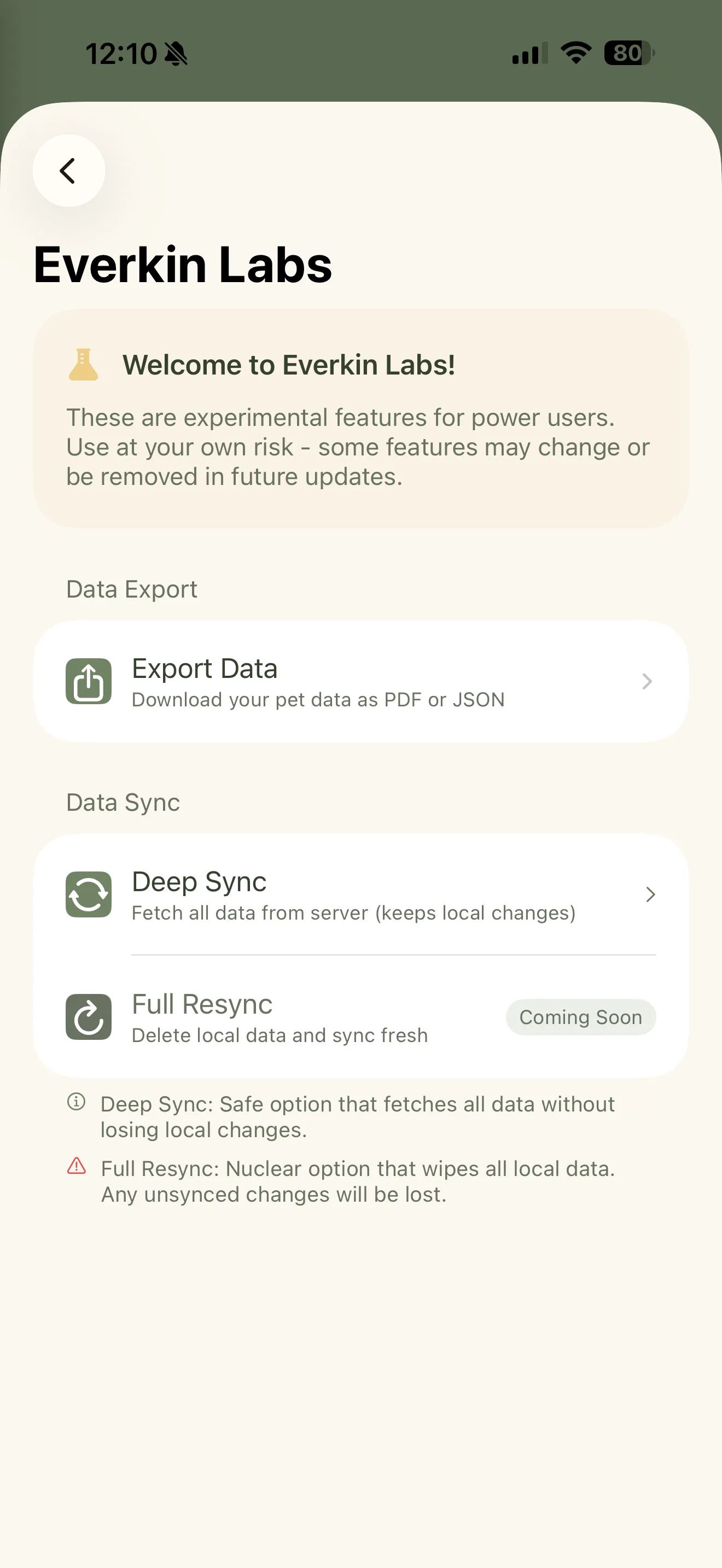 Everkin Labs showing data export and sharing options