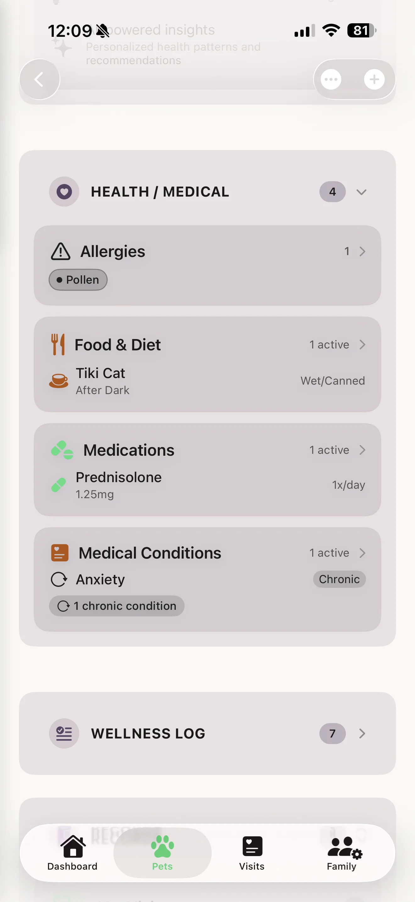 Pet profile with medical history