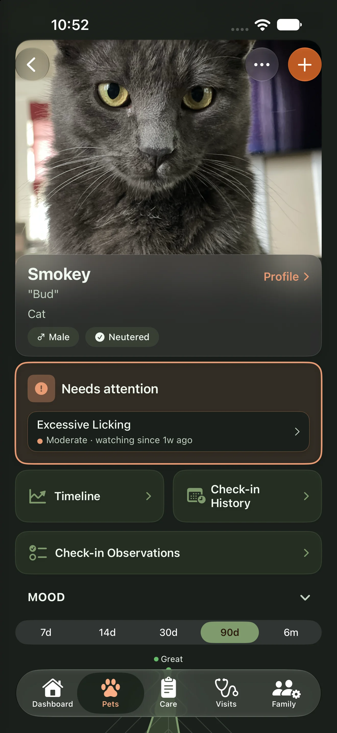 Smokey's pet profile in Everkin, flagging excessive licking as needing attention