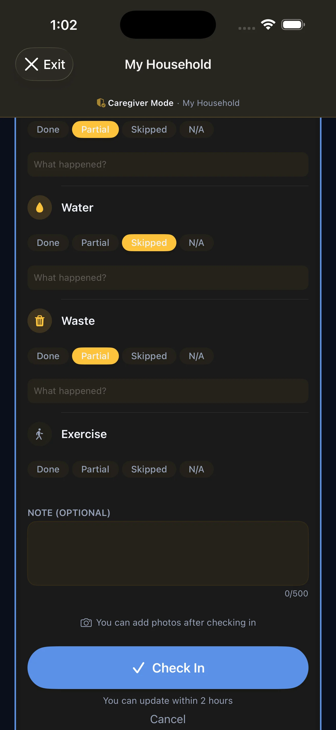 Everkin caregiver check-in screen with notes and photo attachment
