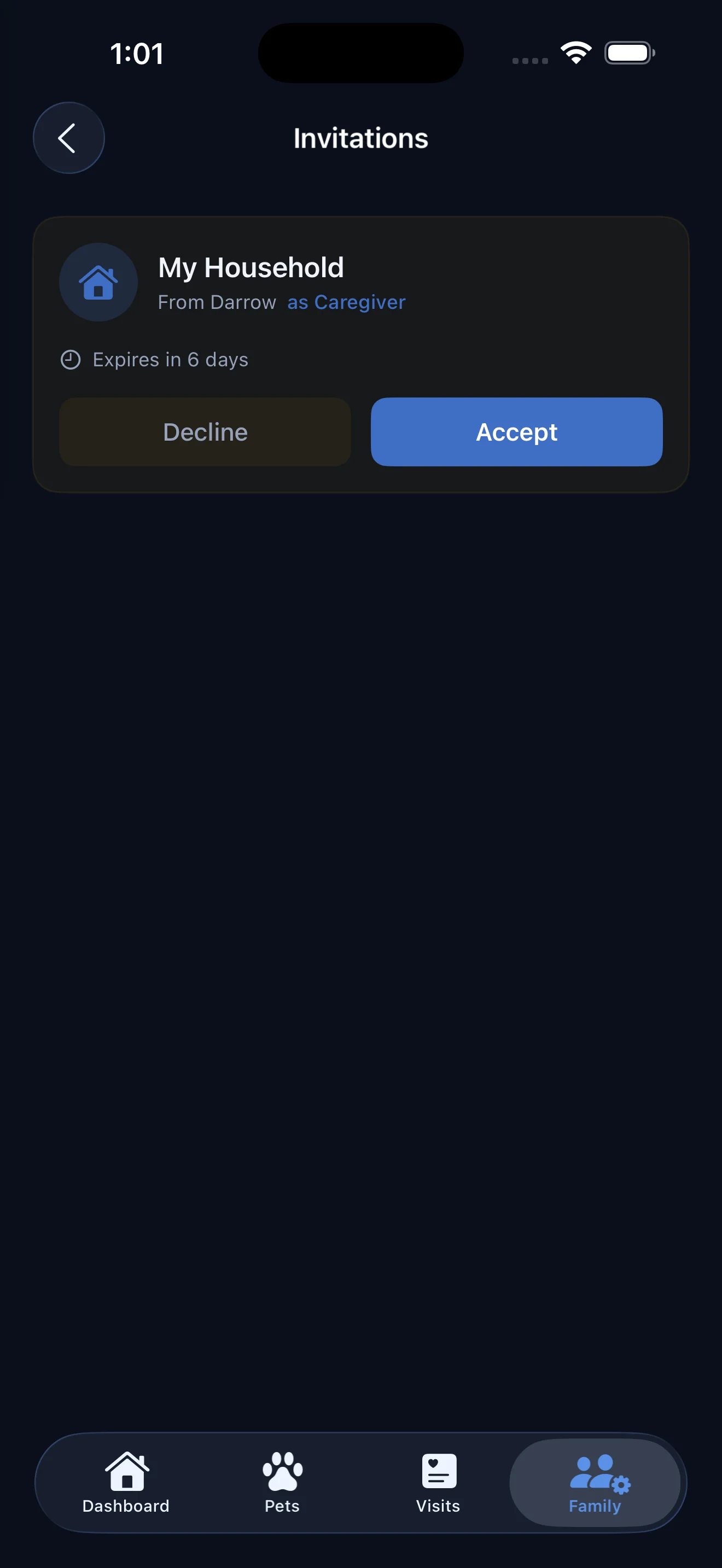 Everkin Family tab showing where to enter a caregiver invite code