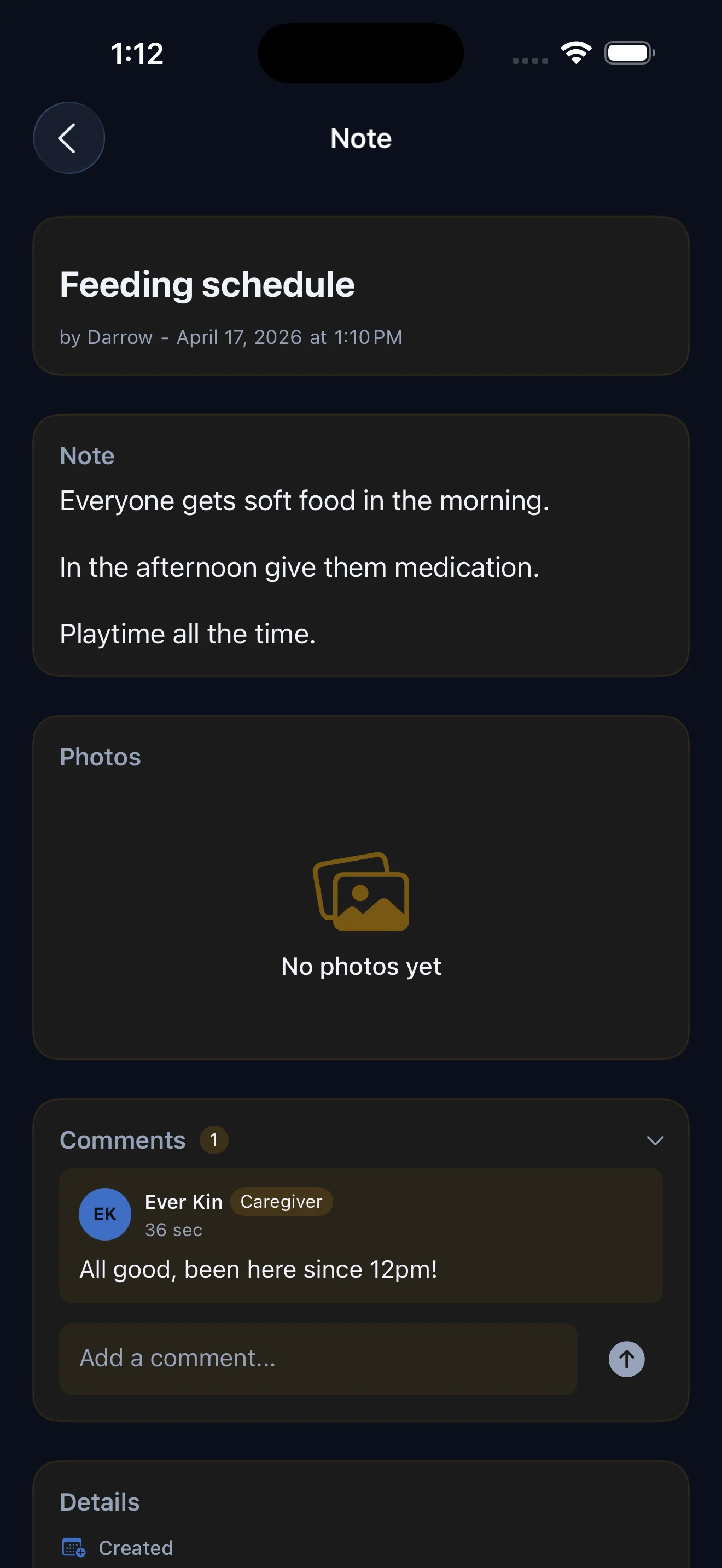 Everkin note detail showing feeding schedule with a caregiver comment