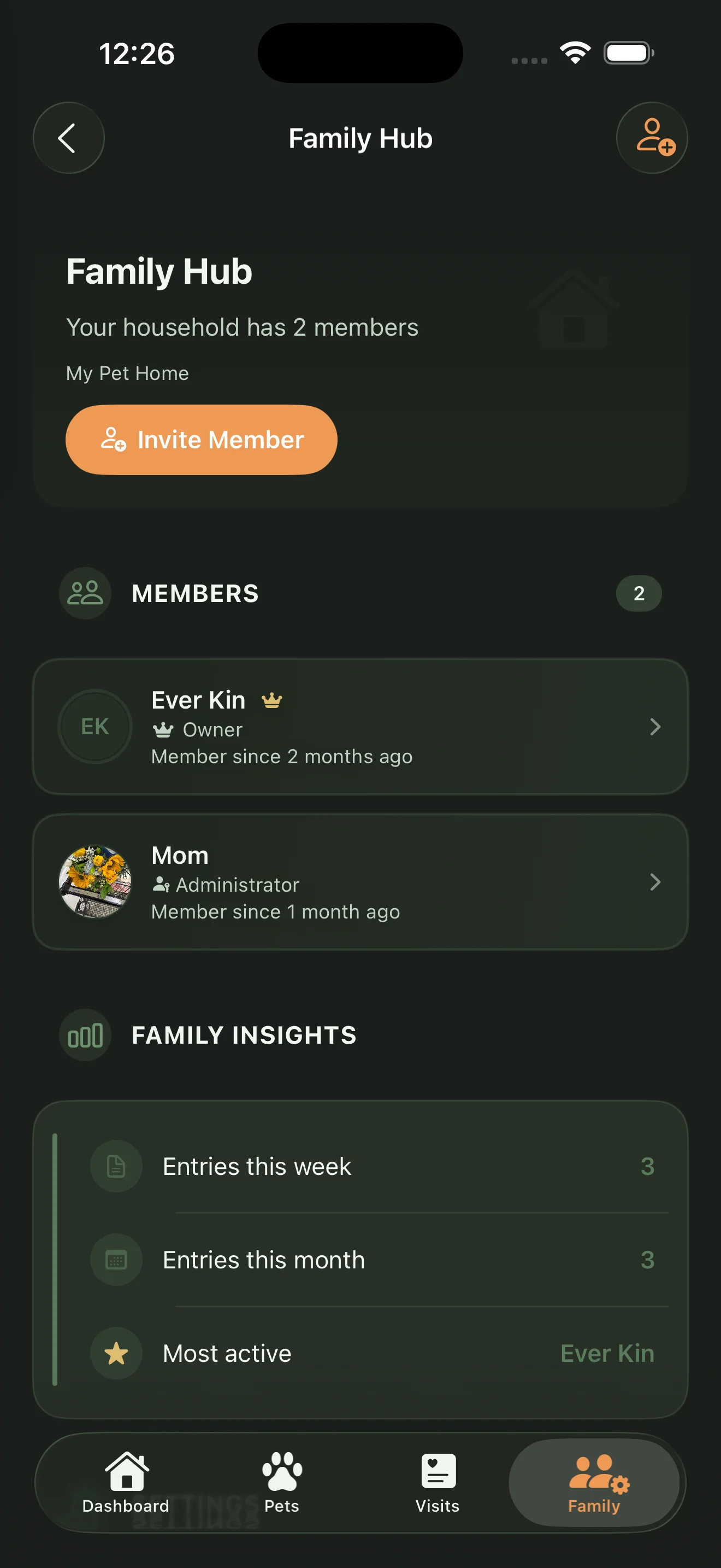 Everkin Family screen showing household members with roles and linked veterinary clinics