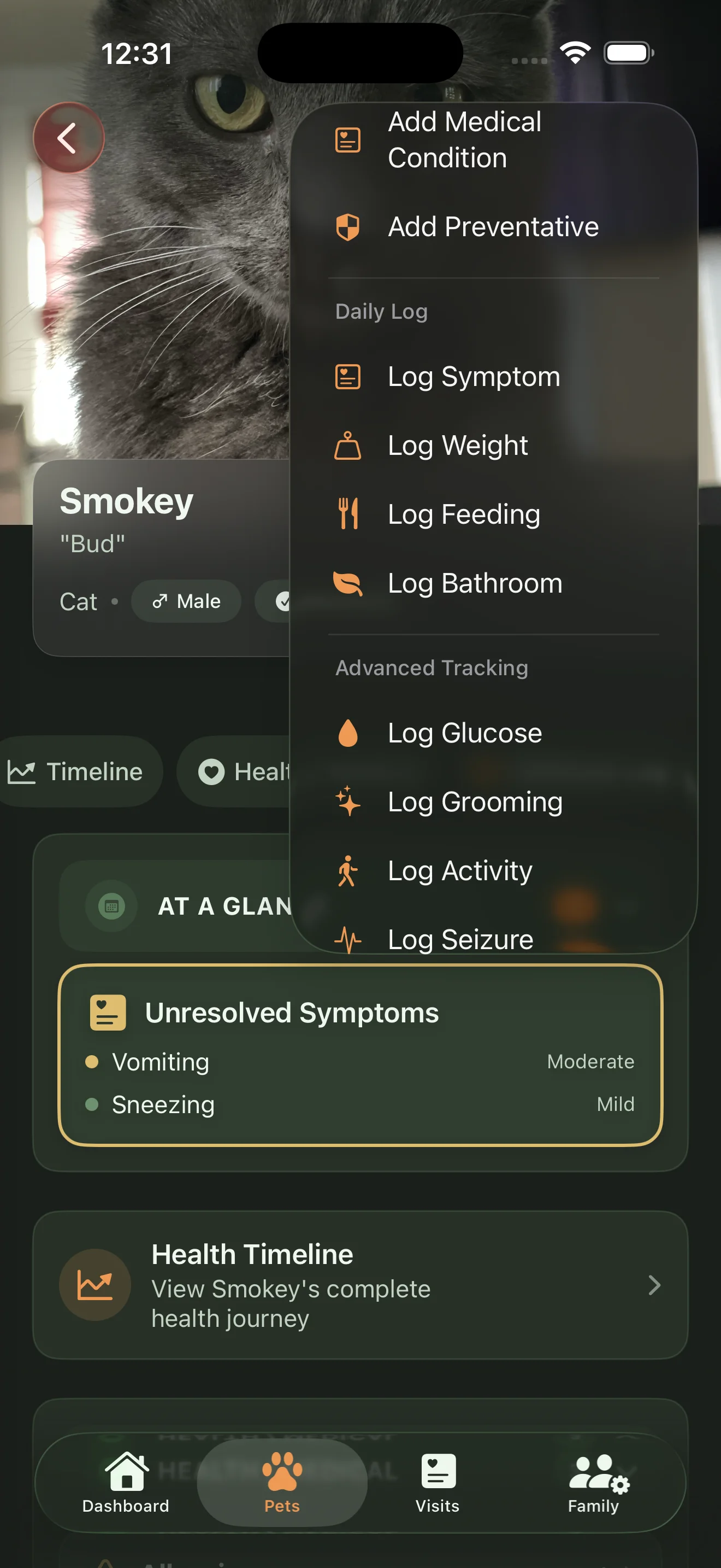 Everkin tracking menu showing available health metrics