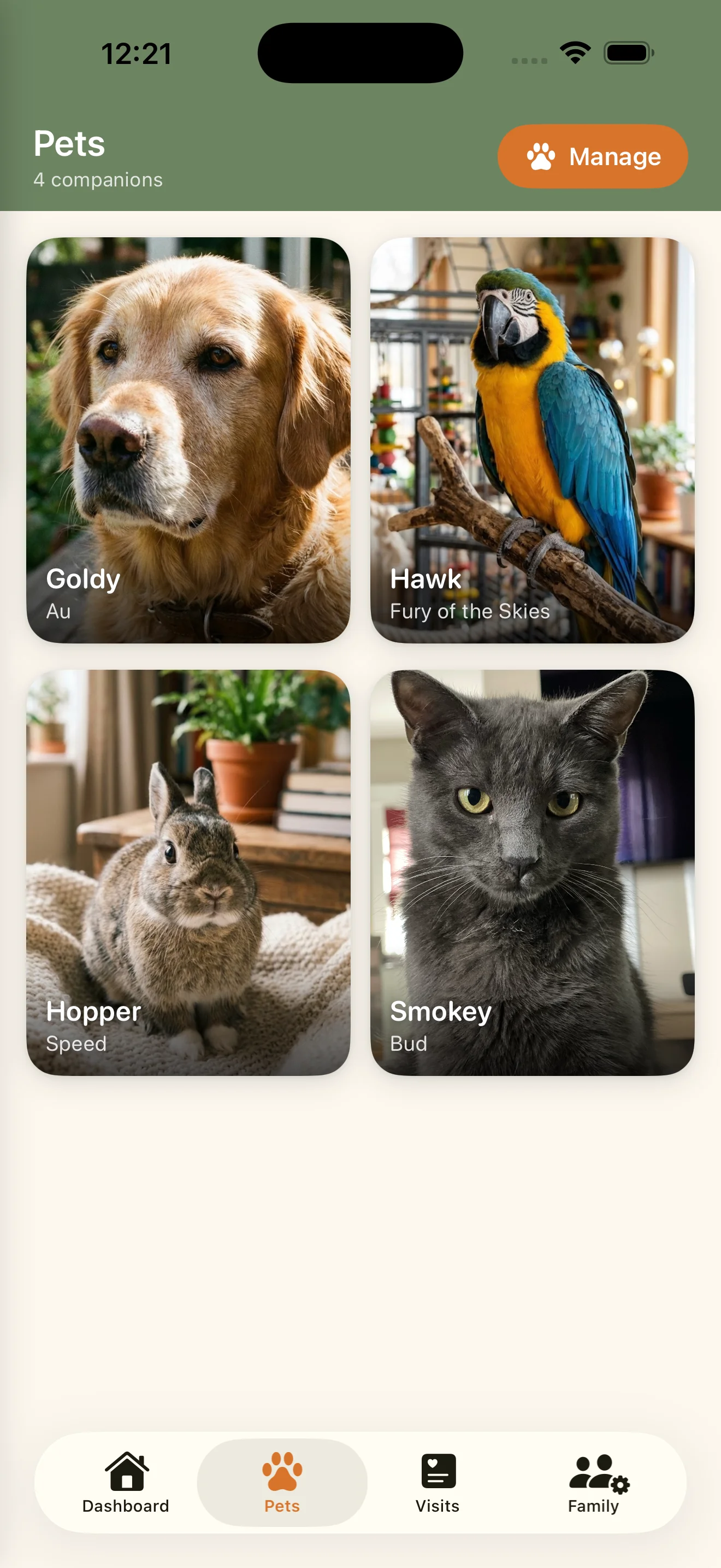 Pet list showing all your furry family members