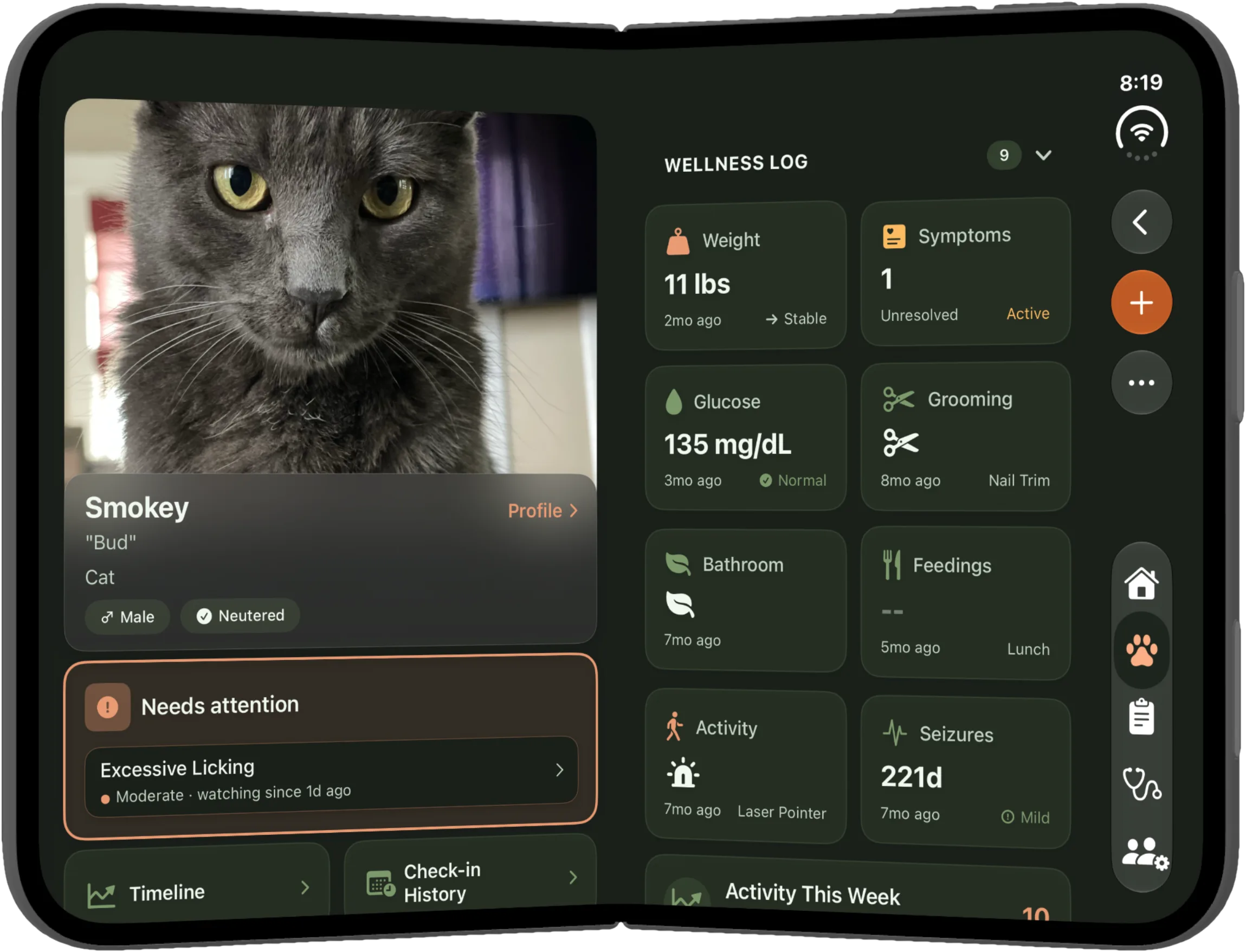 Smokey's pet profile on a partly folded iPhone Duo: photo and a needs-attention symptom on one side of the hinge, the wellness log grid on the other